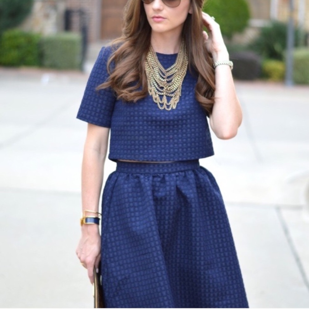 Topshop Navy Crop Top/Midi Skirt Set